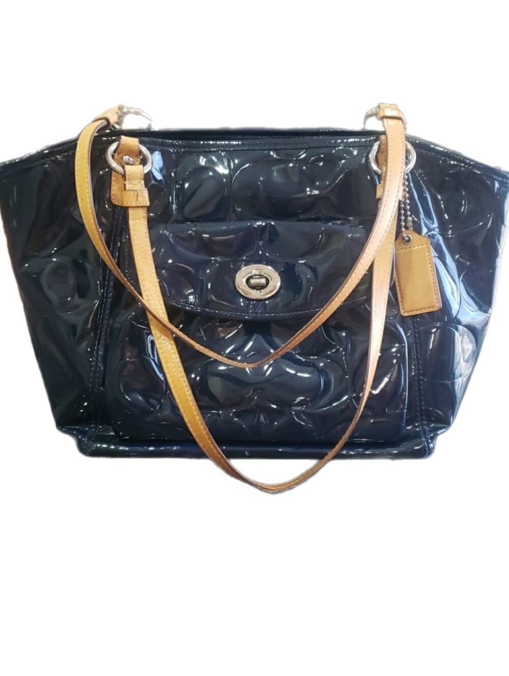 Coach Navy Patent Tote with Natural Leather Straps, Signature Embossed Leah